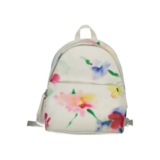 Desigual white polyester backpack with colorful floral design, adjustable straps, external pocket, and zip closure.