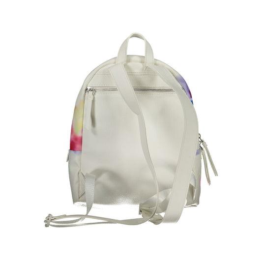 Desigual white polyester backpack with adjustable straps and external pocket, featuring contrasting details and zip closure.