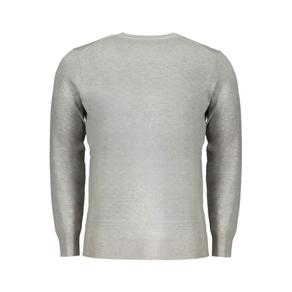 Back view of a gray men's sweater with long sleeves and crew neck.