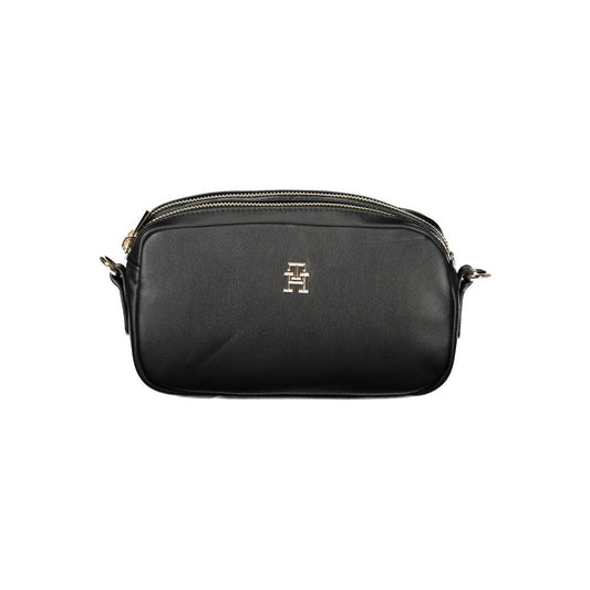 Tommy Hilfiger black polyester women's handbag with adjustable strap and dual compartments.