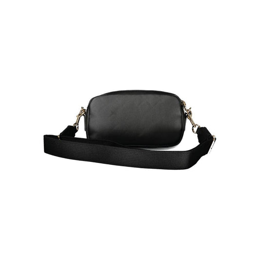Tommy Hilfiger black polyester women's handbag with adjustable strap, featuring two compartments and internal pocket for organization.