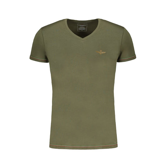 Aeronautica Militare green cotton V-neck T-shirt with logo, short sleeves, and contrast details.