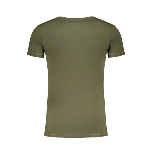 Back view of green cotton Aeronautica Militare T-shirt with short sleeves, V-neck, and contrast details, featuring a logo print.