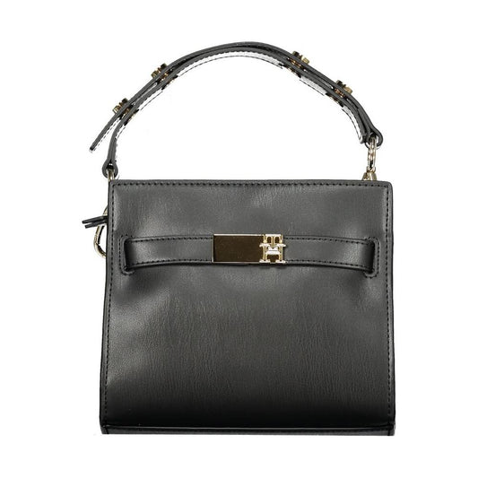 Tommy Hilfiger black polyethylene women's handbag with adjustable handle and sleek design, featuring a central pocket and chic details.