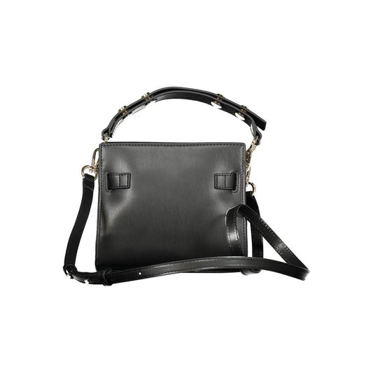Tommy Hilfiger black polyethylene women's handbag with adjustable handle and shoulder strap, featuring dual compartments.