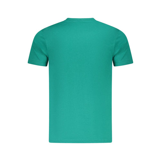 Back view of Cavalli Class green cotton men's t-shirt featuring a crew neck and short sleeves, showcasing modern fashion aesthetic.