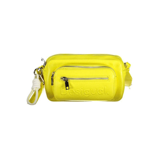 Desigual yellow polyethylene handbag with removable shoulder handle and strap, zip closure, and multiple pockets.