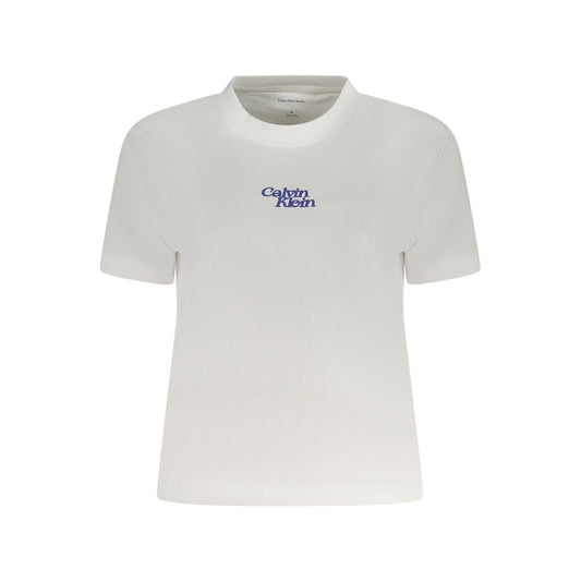 Calvin Klein white cotton women's T-shirt with crew neck and logo print, featuring short sleeves and premium quality craftsmanship.