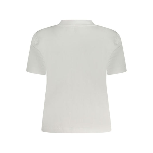 Back view of a Calvin Klein white cotton women's T-shirt with short sleeves, showcasing its simple and elegant design.