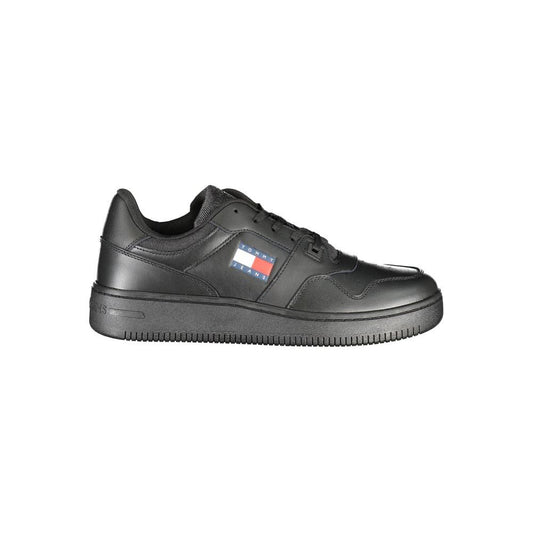 Tommy Hilfiger black polyester sneaker with laces, contrast details, and logo, showcasing stylish sports footwear design.