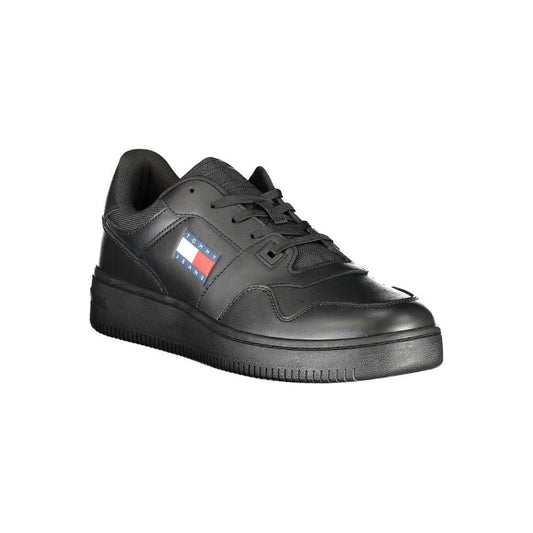 Tommy Hilfiger black polyester sneaker with laces, contrast details, and logo print, ideal sports footwear choice.