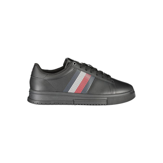Tommy Hilfiger black polyester sneaker with contrast details, laces, and logo; stylish sports footwear.