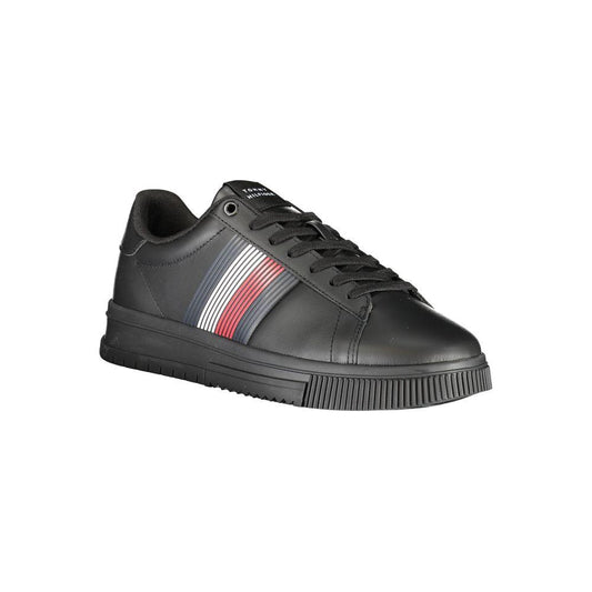 Tommy Hilfiger black polyester sneaker with laces, contrast details, and logo, ideal for sports footwear enthusiasts.