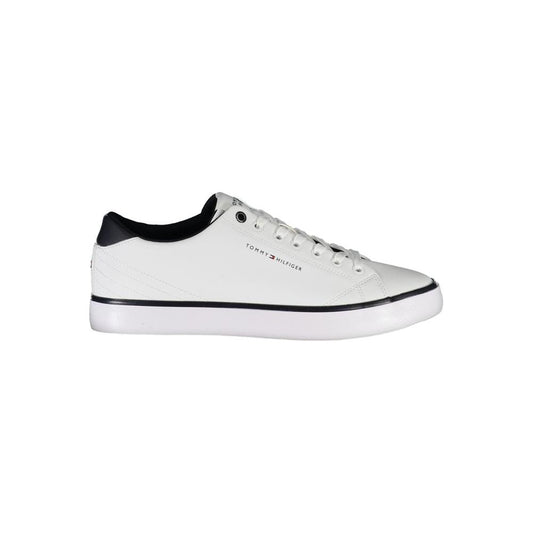 Tommy Hilfiger white polyester sneaker with laces, contrast details, logo print, and sporty design.