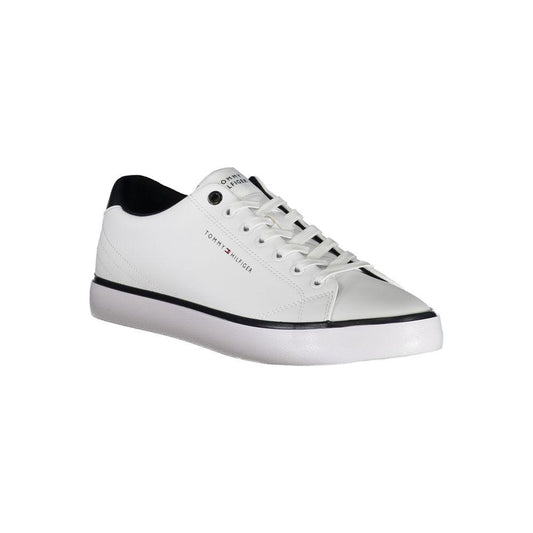 Tommy Hilfiger white polyester sneaker with laces, contrast details, and logo. Sports footwear with stylish design.