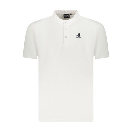 U.S. Grand Polo white cotton men's polo shirt with Korean collar and embroidery, classic 3-button design, short sleeves.