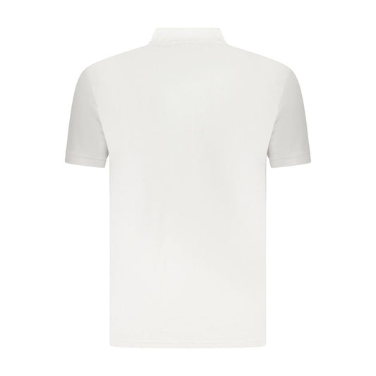Back view of U.S. Grand Polo white cotton men's polo shirt with Korean collar and 3-button design, showcasing elegance and style.