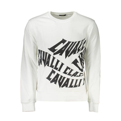 Cavalli Class White Cotton Men Sweater featuring bold print and iconic logo, perfect for urban adventures and exclusive events.