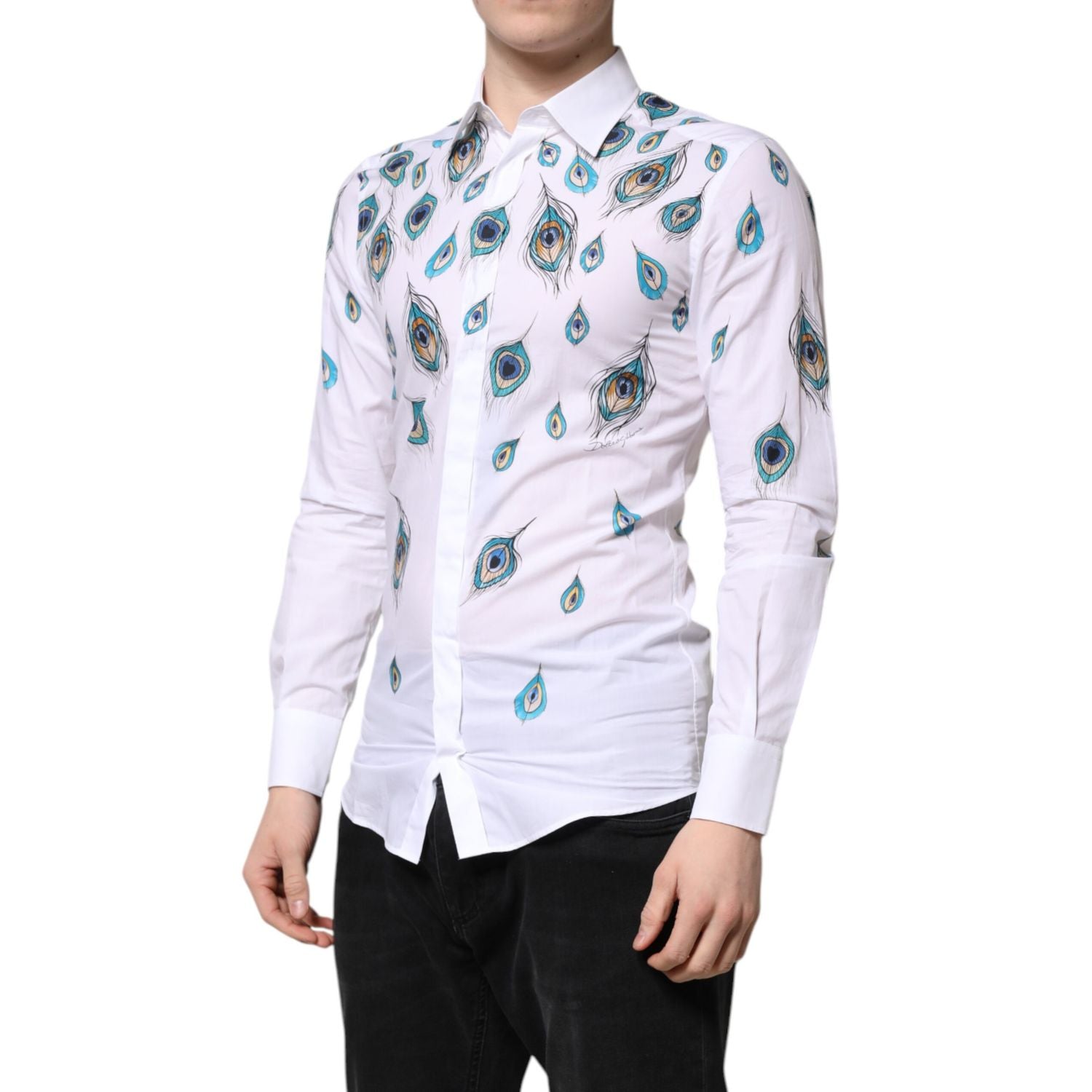 Dolce & Gabbana White Cotton Feather Print GOLD Dress Shirt