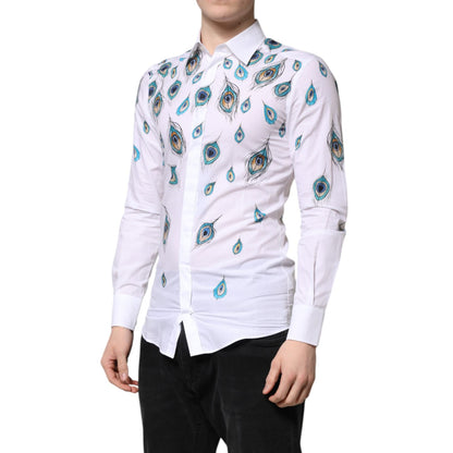 Dolce & Gabbana White Cotton Feather Print GOLD Dress Shirt