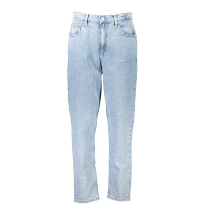 Tommy Hilfiger Blue Cotton Women Jeans with ultra-high rise and tapered leg, featuring five-pocket design and logo detailing.