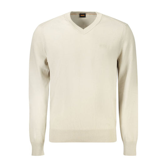 Hugo Boss Beige Cotton Men Sweater with V-neck and logo embroidery, long sleeves, sophisticated style for modern men, chic minimalism.