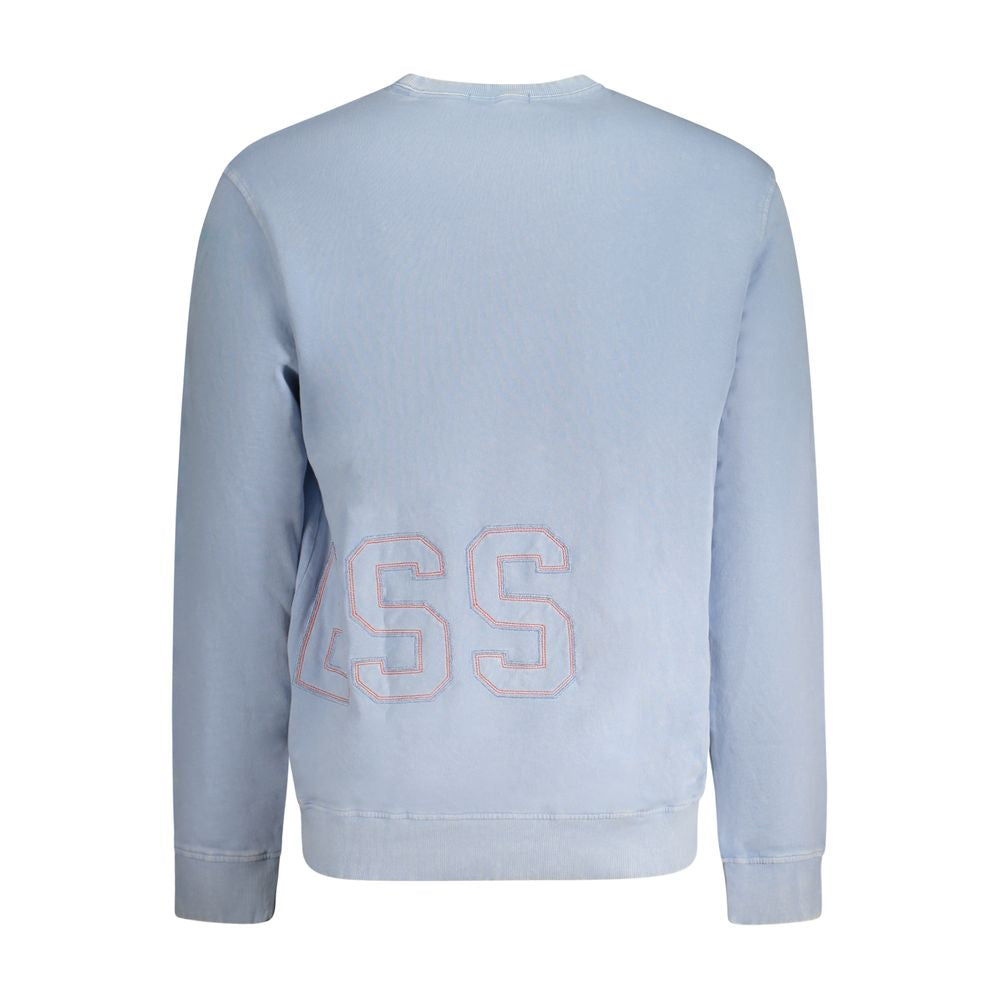 Guess Jeans Blue Cotton Men Sweater with embroidery, crew neck, long sleeve, and unique washed effect, showcasing contemporary style.