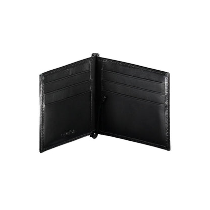 Calvin Klein Black Leather Men Wallet with RFID blocking, open view showing card slots and money clip.