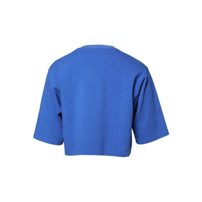 Dolce & Gabbana Blue Printed Cotton Cropped Crew Neck T-shirt