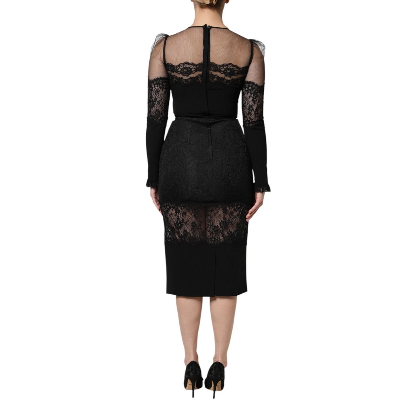 Dolce & Gabbana Black Lace Trim Nylon Tulle Sheath Midi Dress