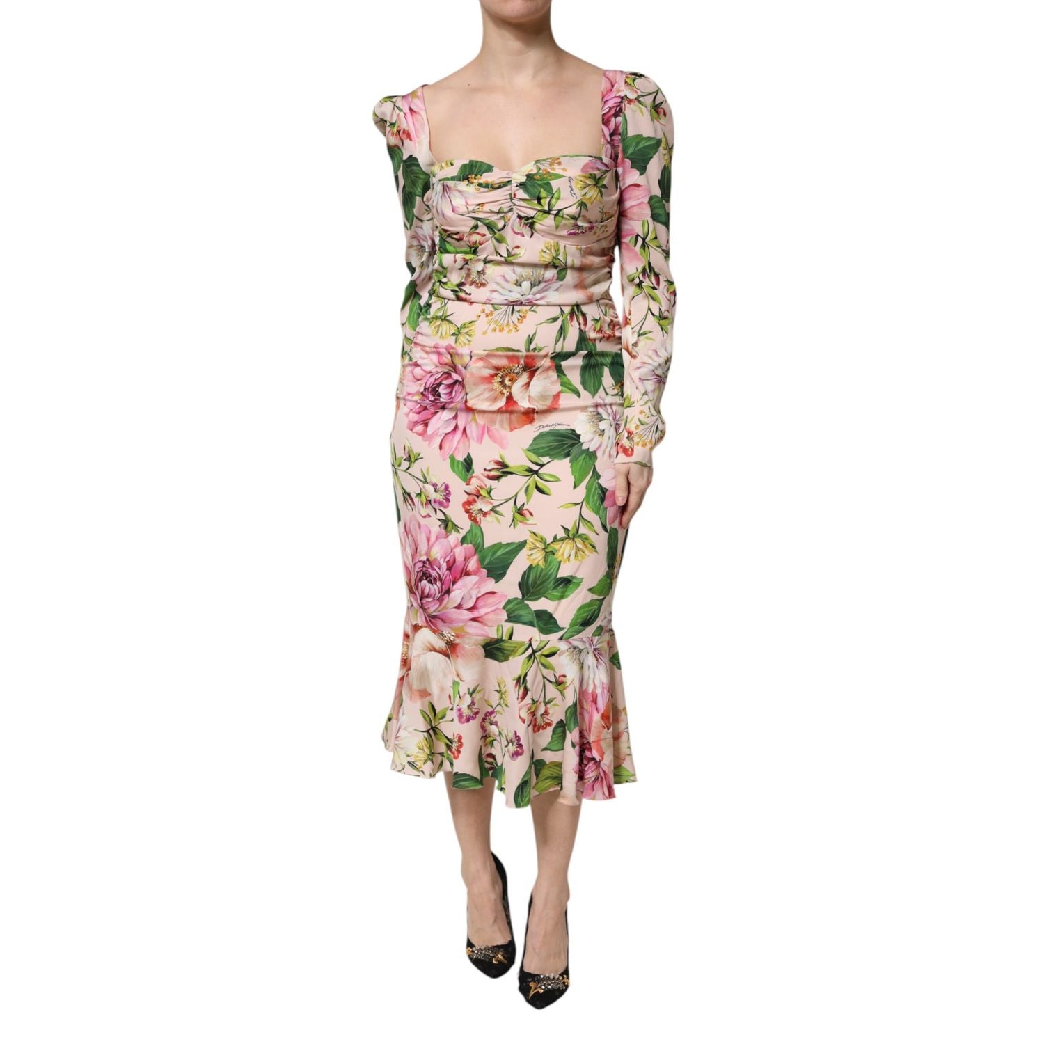 Dolce & Gabbana Pink Floral Silk Fit And Flared Midi Dress