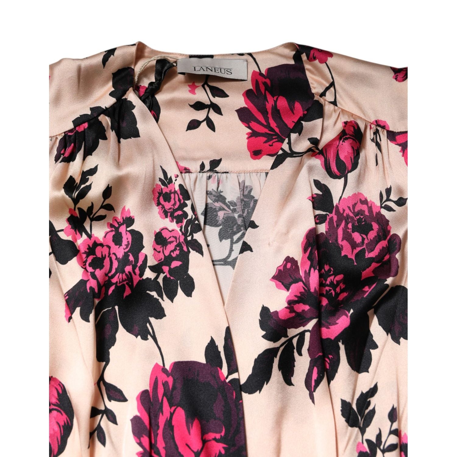 Laneus Pink Floral Silk Long Sleeves V-neck Wrap Mini Dress