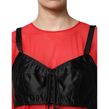 Dolce & Gabbana Red Black Bustier Detailing Long Sleeves Top
