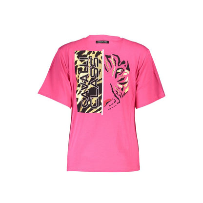 Cavalli Class Pink Cotton Women T-Shirt with bold print and logo on back, fashion-forward slim-fit design.