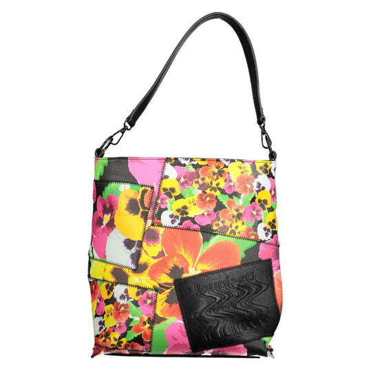 Desigual Black Polyethylene Women Handbag with floral design and adjustable strap, showcasing colorful fashion-forward style.