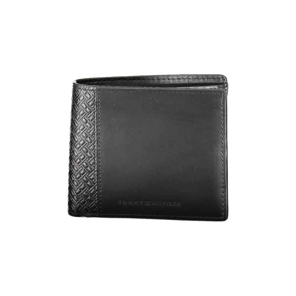 Tommy Hilfiger Black Leather Men Wallet with textured detail, featuring multiple compartments and iconic logo.