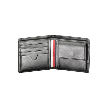 Open Tommy Hilfiger Black Leather Men Wallet showing card slots and coin purse with logo detail.