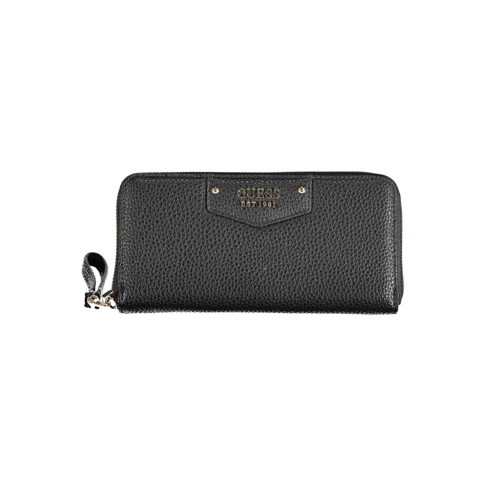 Guess Jeans Black Polyethylene Women Wallet with chic design and zip closure, featuring multiple compartments and a coin purse.