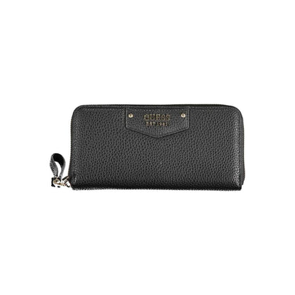 Guess Jeans Black Polyethylene Women Wallet with chic design and zip closure, featuring multiple compartments and a coin purse.
