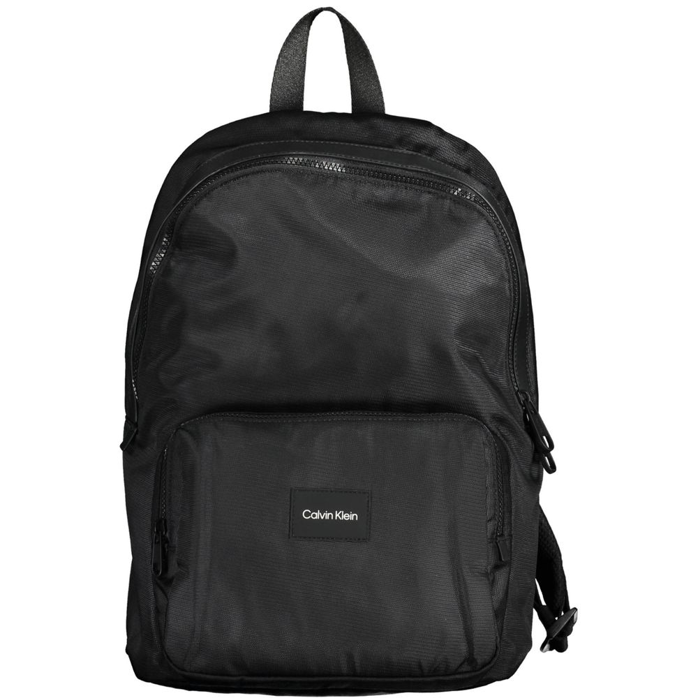 Calvin Klein Black Polyester Men Backpack with sleek design and adjustable straps, made from 100% recycled materials.