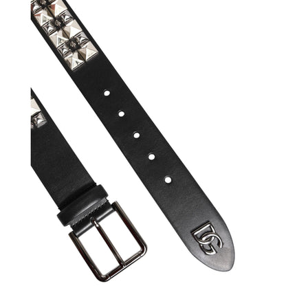 Dolce & Gabbana Black Calf Leather Studded Silver Buckle Belt