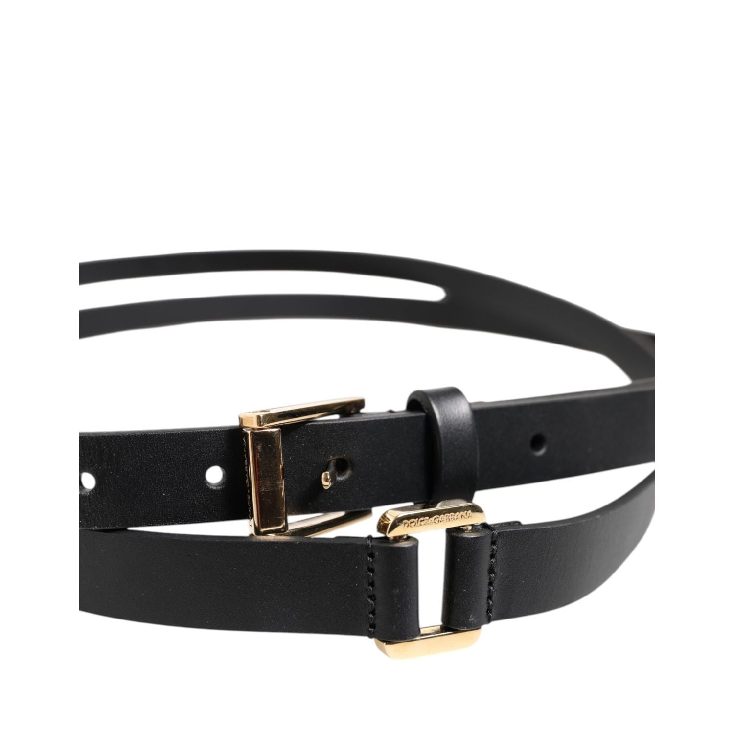 Dolce & Gabbana Black Double Strap Leather Gold Buckle Belt