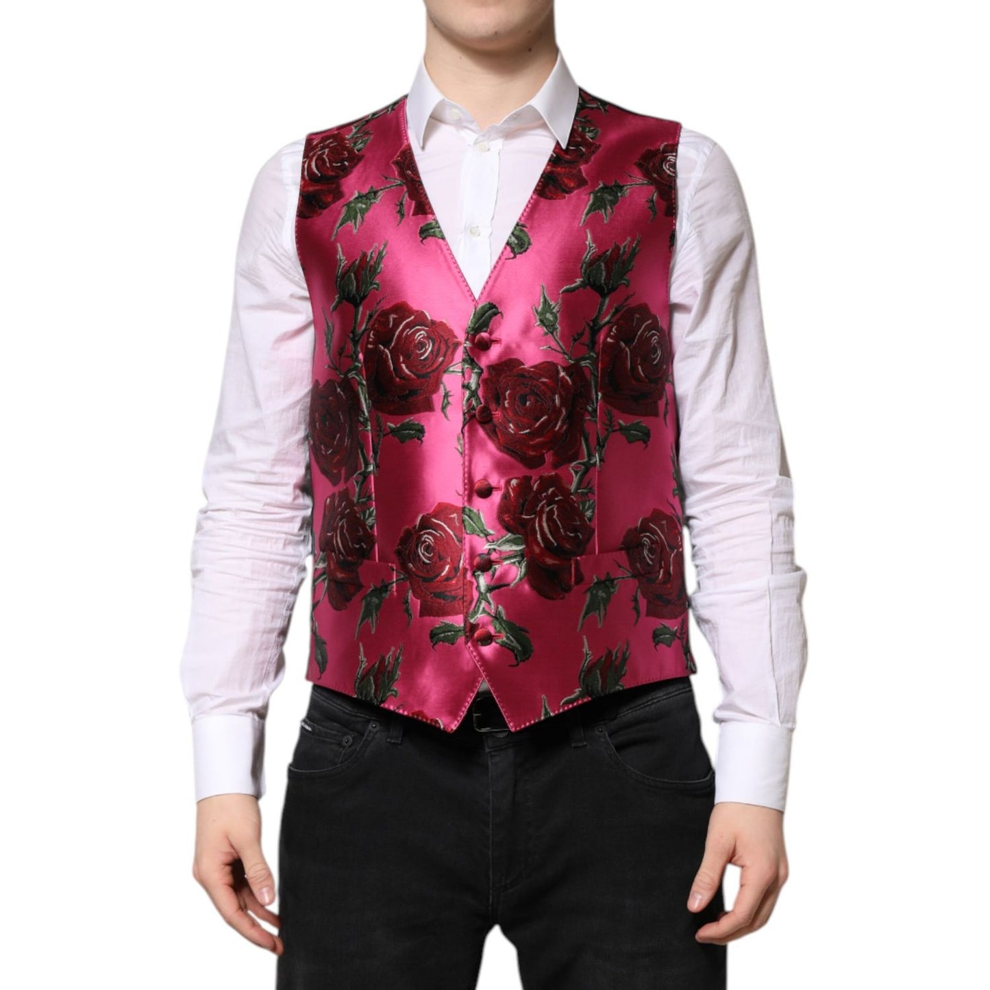 Dolce & Gabbana Pink Floral Satin Formal Men Waistcoat Vest