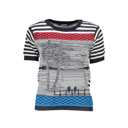 Desigual Blue Cotton Women Sweater with stripes and palm tree design, featuring short sleeves and bold logo accents.