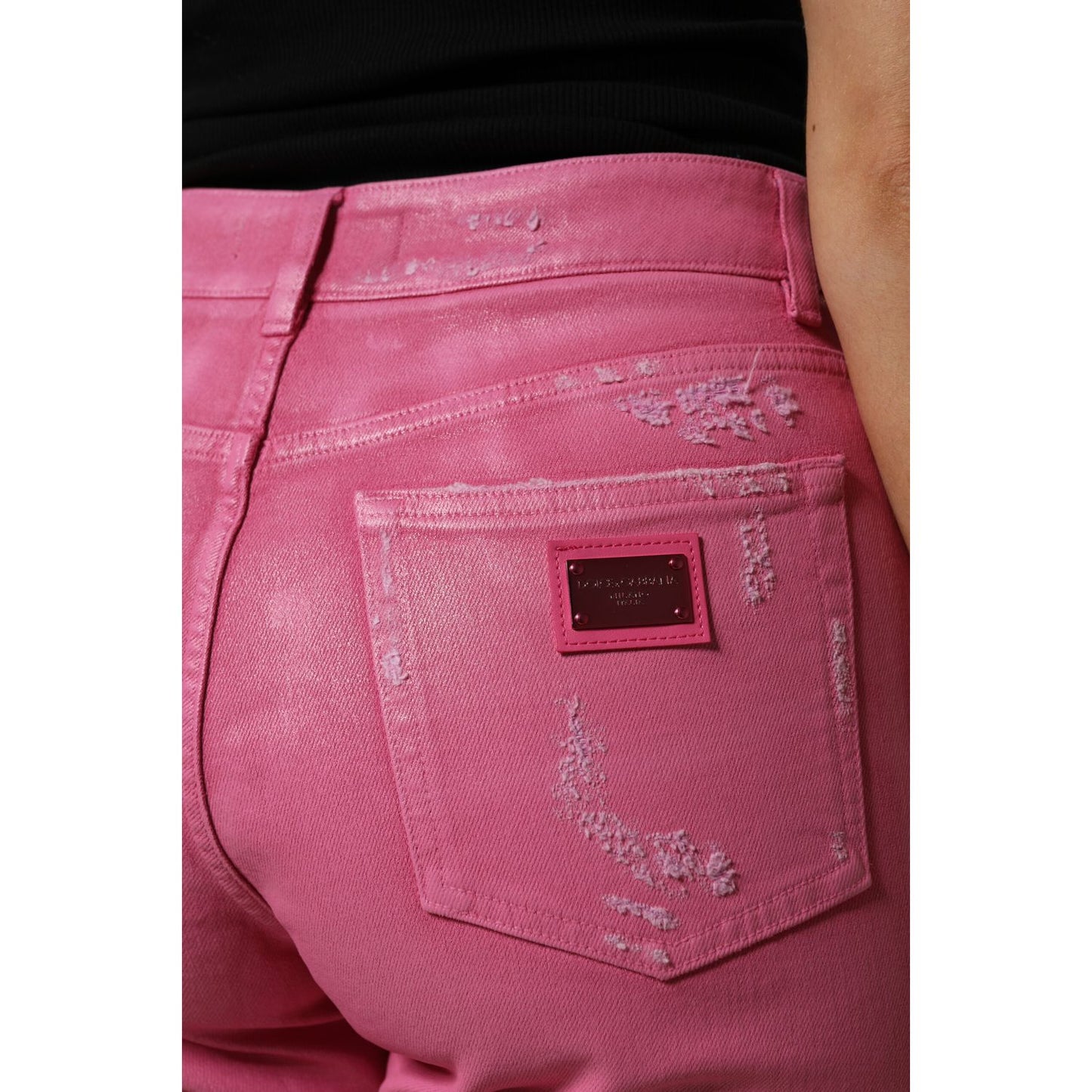 Dolce & Gabbana Pink Tattered Mid Waist Tapered Denim Jeans