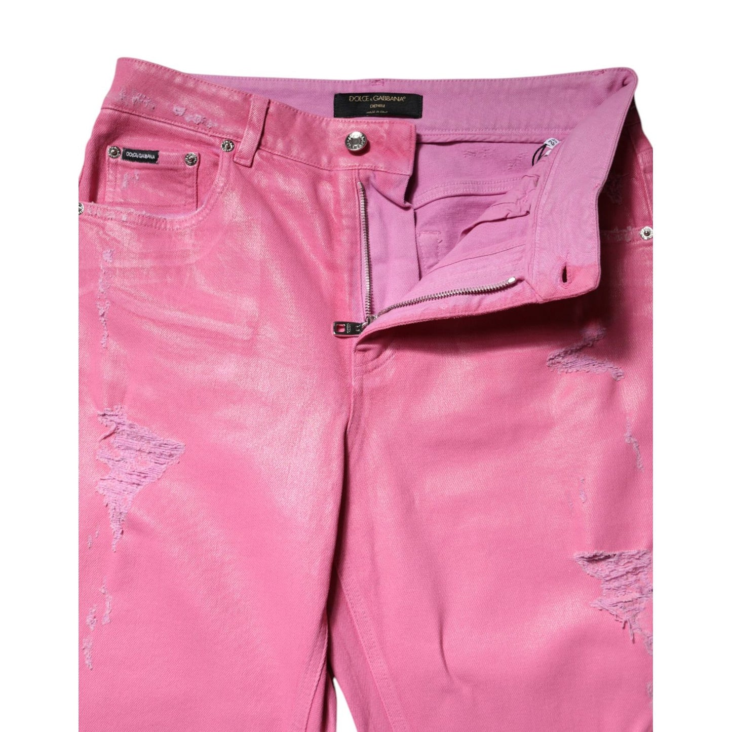 Dolce & Gabbana Pink Tattered Mid Waist Tapered Denim Jeans