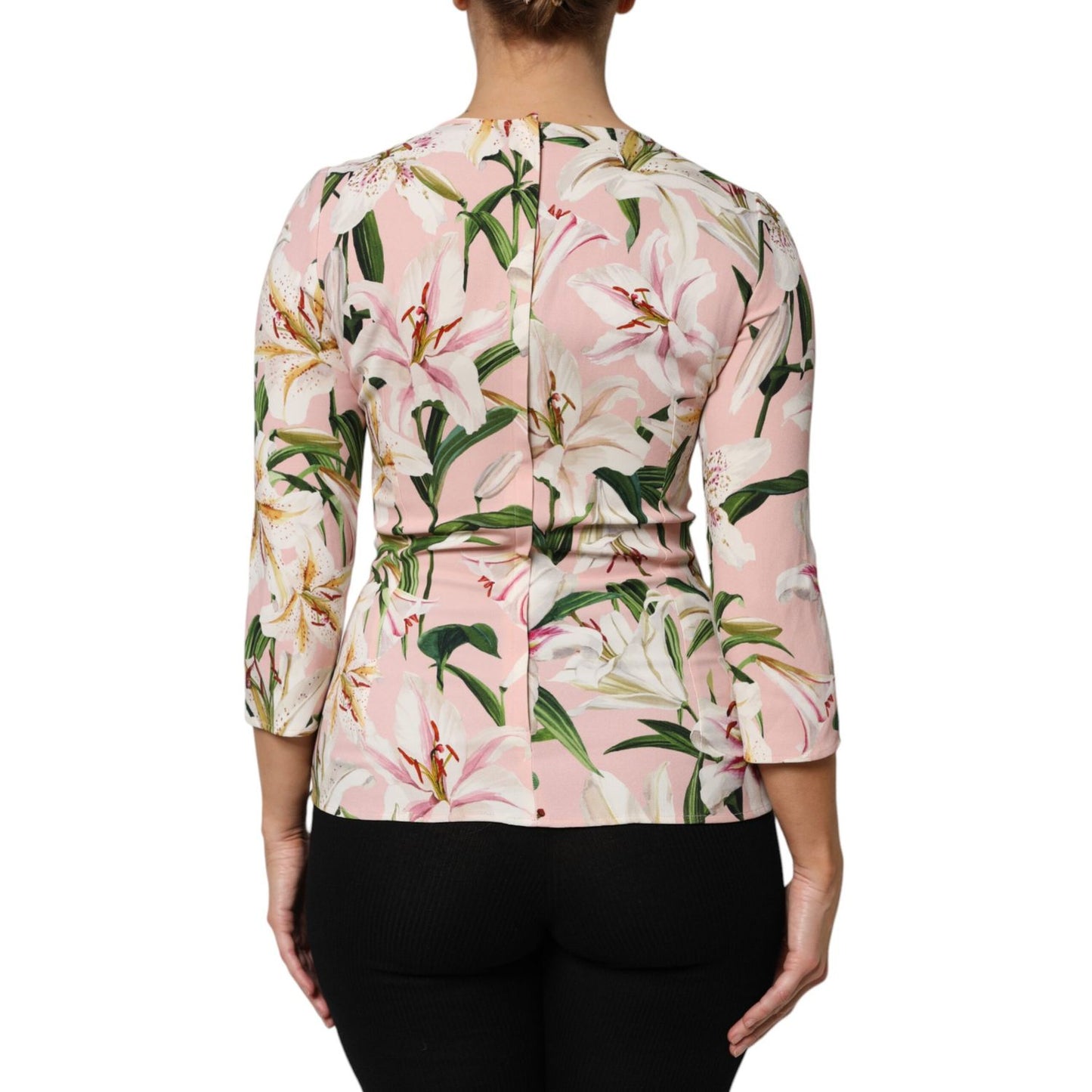 Dolce & Gabbana Pink Lily Print Viscose Round Neck Blouse Top