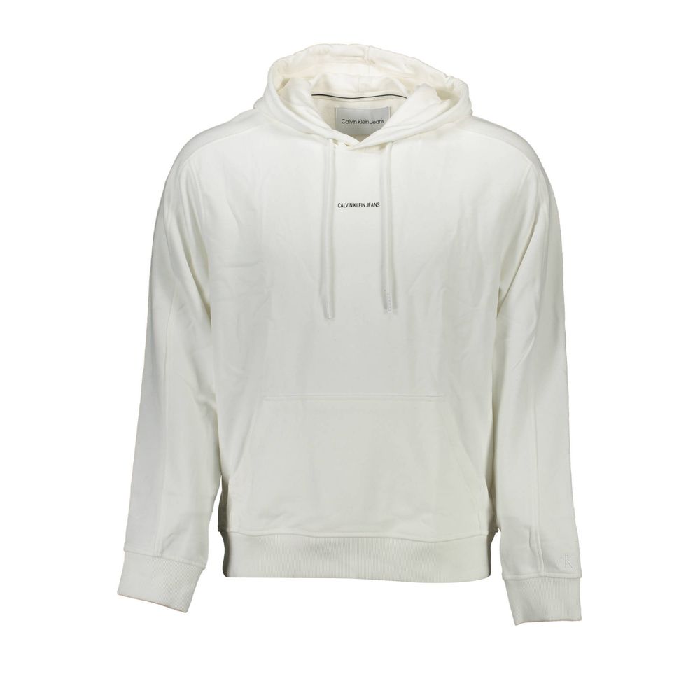 Calvin Klein White Cotton Men Sweater, organic cotton, long sleeve hooded sweatshirt with central pocket and iconic logo.