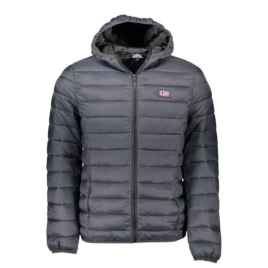 Norway 1963 Black Polyamide Men Jacket with hood and zip closure, showcasing signature logo and four pockets, ideal for outdoor adventures.