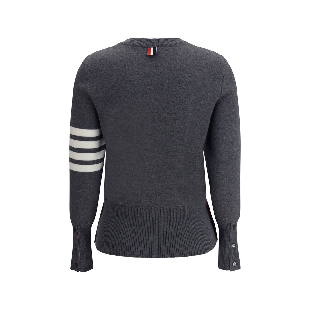 Back view of Thom Browne Virgin wool Sweater featuring ribbed high hem and signature horizontal bands.